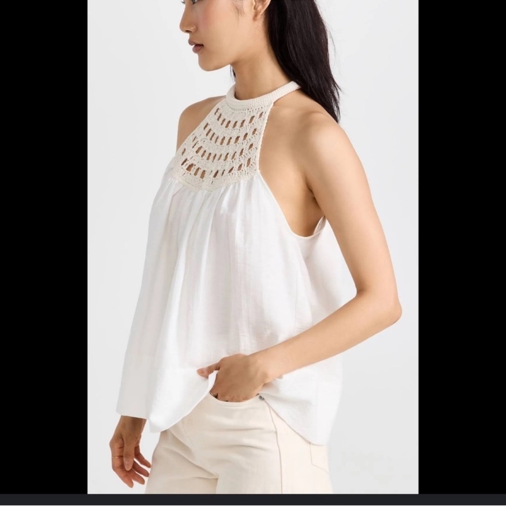 A.L.C. Reina Linen Blend Crochet Neck Halter Tank Top White - Picture 3 of 14